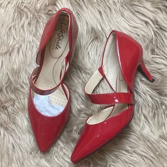 Life Stride Asymmetrical Strap Comfort Insole Pointed Toe Red Suki Pump/heels - Picture 2 of 16